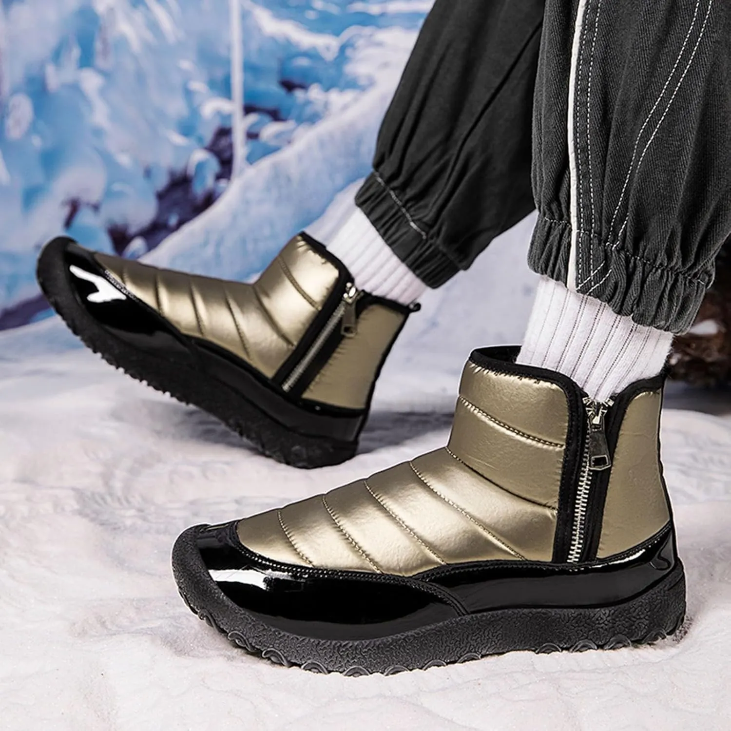 Snow Boots for Men Waterproof Warm Furry Lined Winter Boots Side Zipper Cold-Weather Non-Slip Ankle Boots Comfortable Slip on Hiking Walking Shoes Sneakers