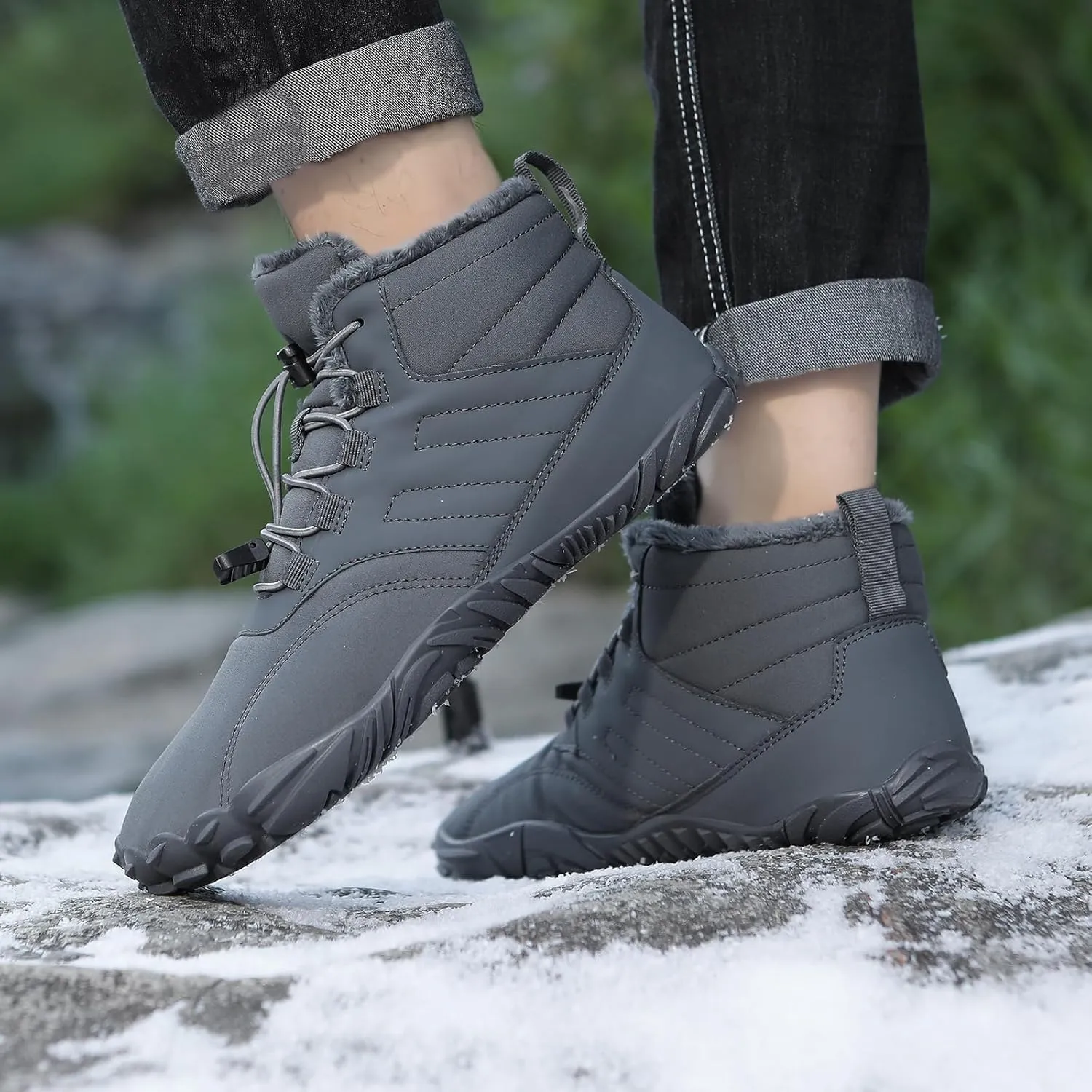 Snow Boots for Women&Men Winter Boots Barefoot Women's Men's Warm Faux Fur Lined Waterproof Snow Sneakers Wide Toe Box Zero Drop Ankle Booties Slip On Minimalist Barefoot Winter Casual Shoes