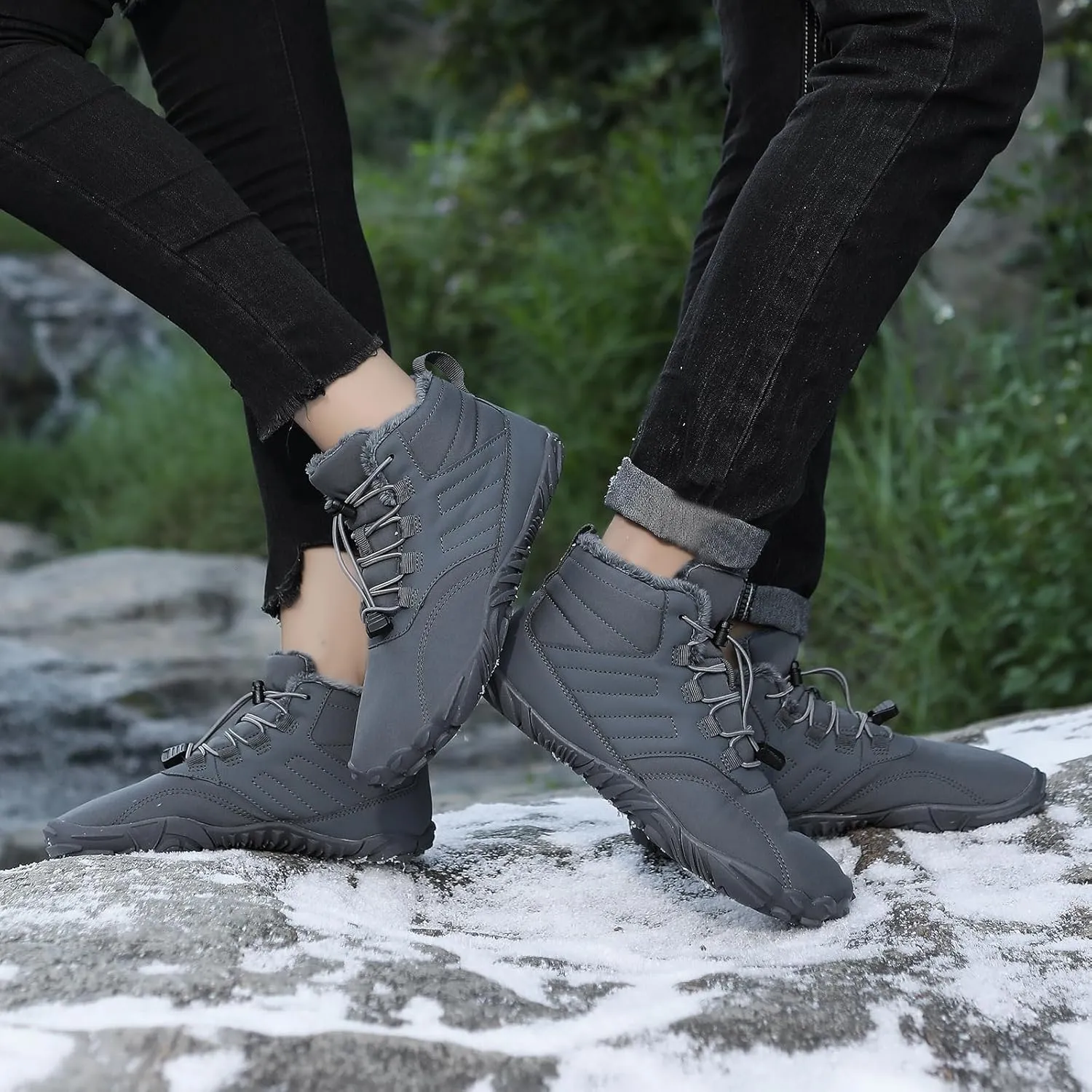 Snow Boots for Women&Men Winter Boots Barefoot Women's Men's Warm Faux Fur Lined Waterproof Snow Sneakers Wide Toe Box Zero Drop Ankle Booties Slip On Minimalist Barefoot Winter Casual Shoes