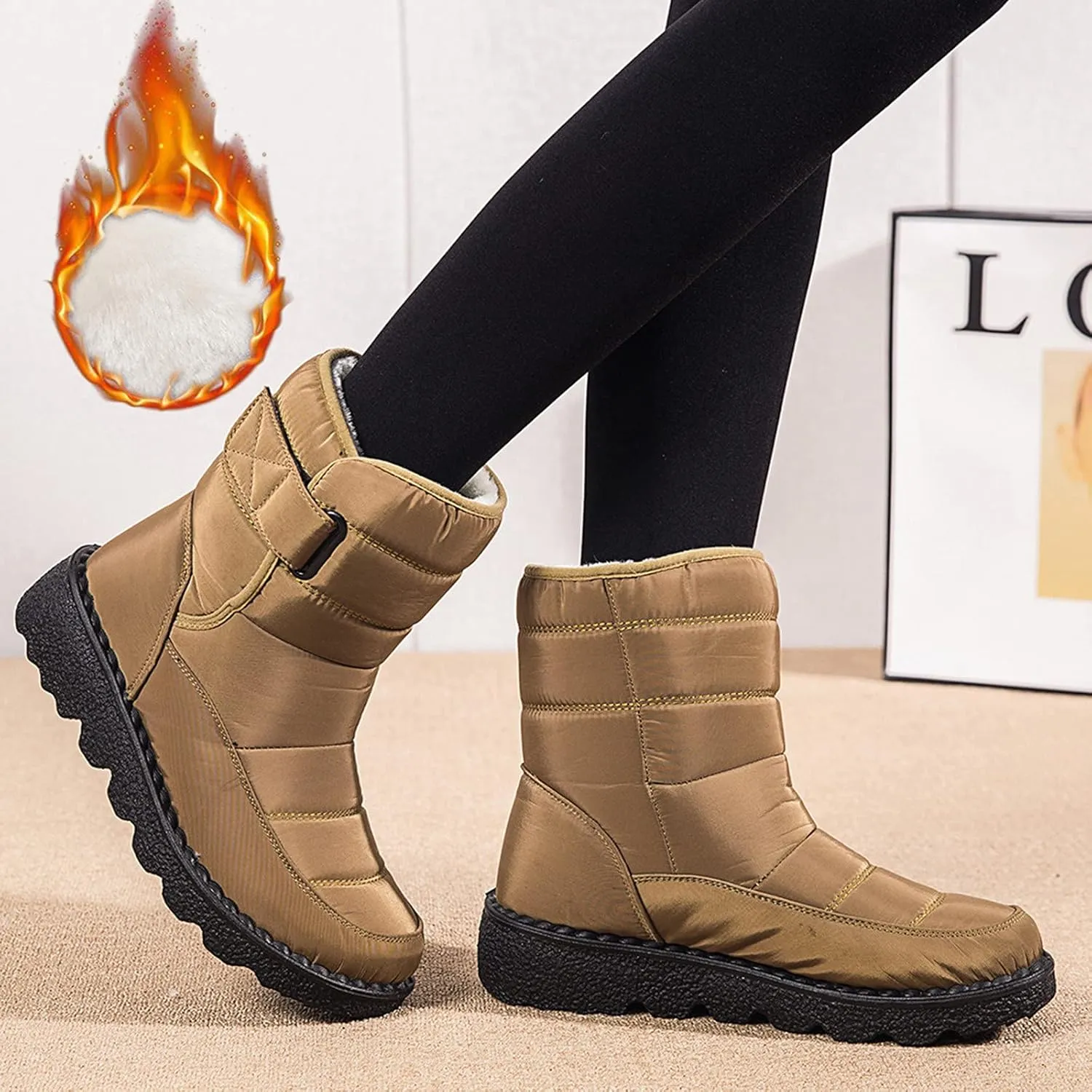 Snow Boots for Womens Winter Shoes - Womens Warm Fur Lining Mid Calf Boots Women Anti Slip Waterproof Buckle Strap Ankle Comfortable Outdoor Boot Platform Short Booties Walking Shoes