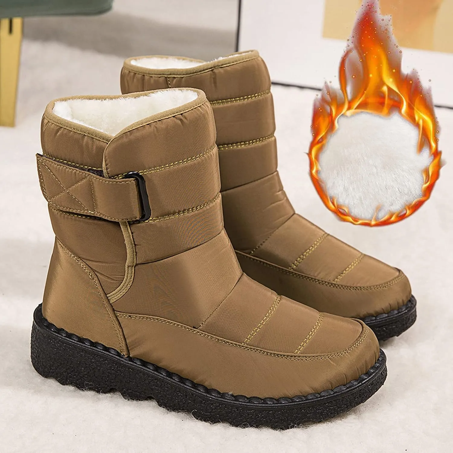 Snow Boots for Womens Winter Shoes - Womens Warm Fur Lining Mid Calf Boots Women Anti Slip Waterproof Buckle Strap Ankle Comfortable Outdoor Boot Platform Short Booties Walking Shoes