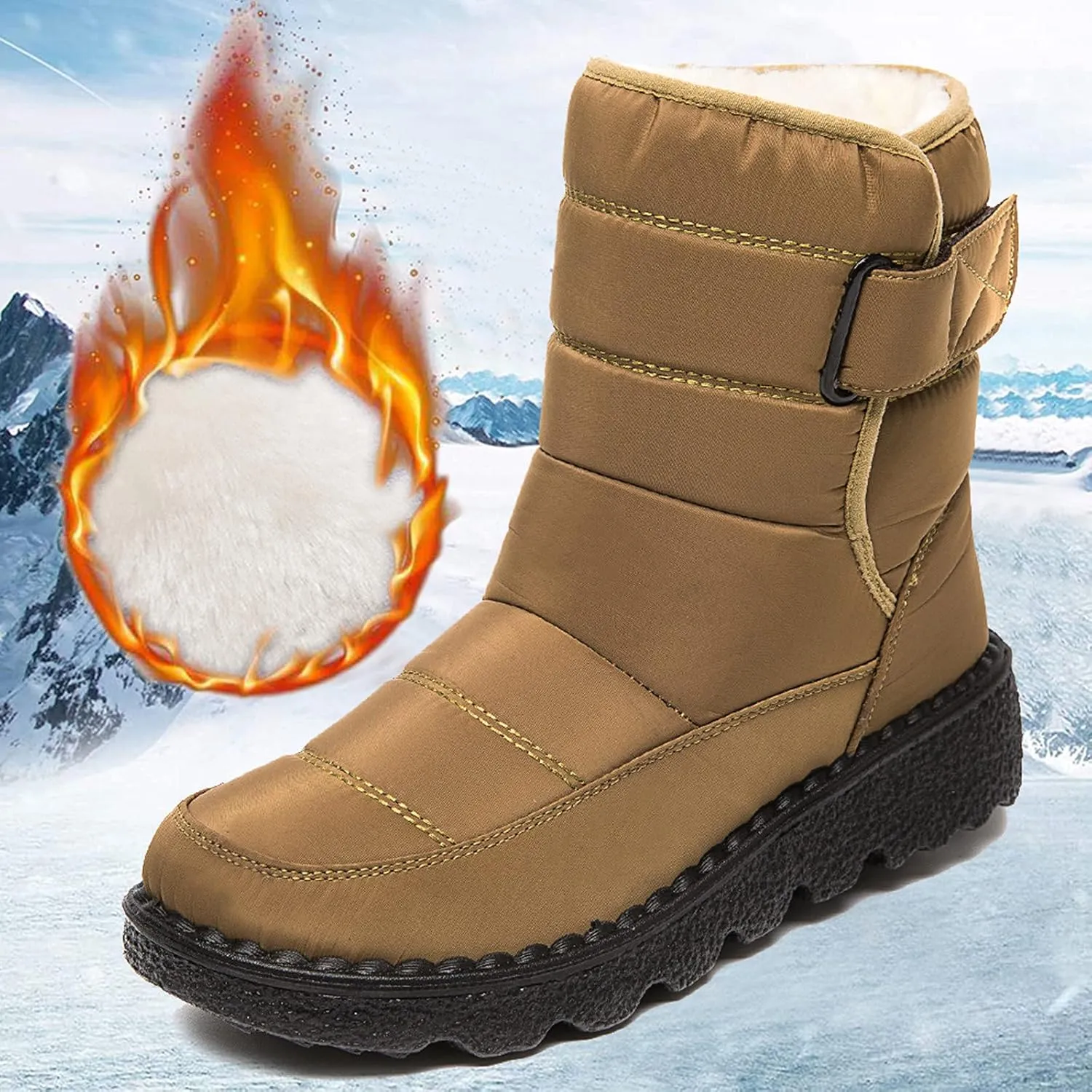 Snow Boots for Womens Winter Shoes - Womens Warm Fur Lining Mid Calf Boots Women Anti Slip Waterproof Buckle Strap Ankle Comfortable Outdoor Boot Platform Short Booties Walking Shoes