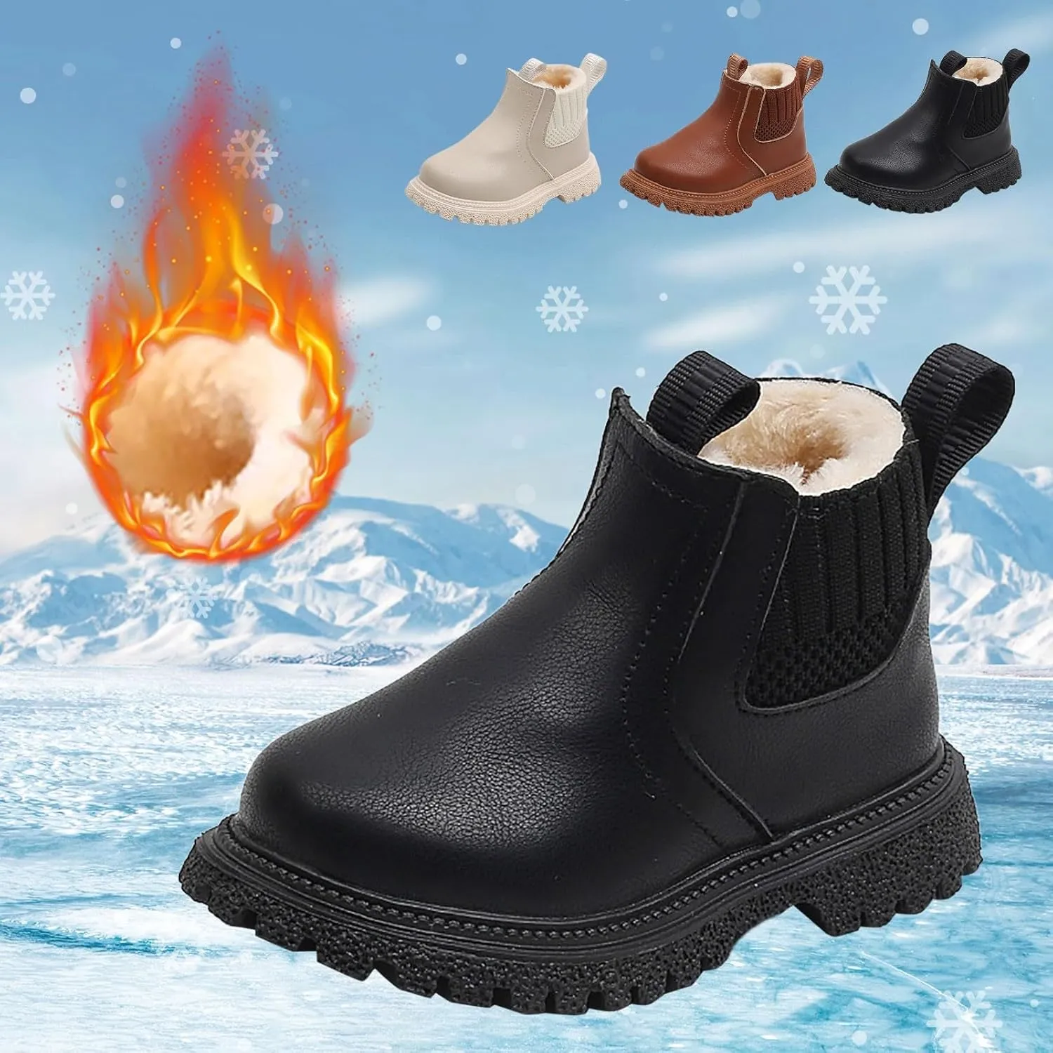 Toddler Unisex Winter Boots Little Boys Girls Fleece Lined Outdoor Snow Shoes Side Zipper Ankle Boots School Shoes