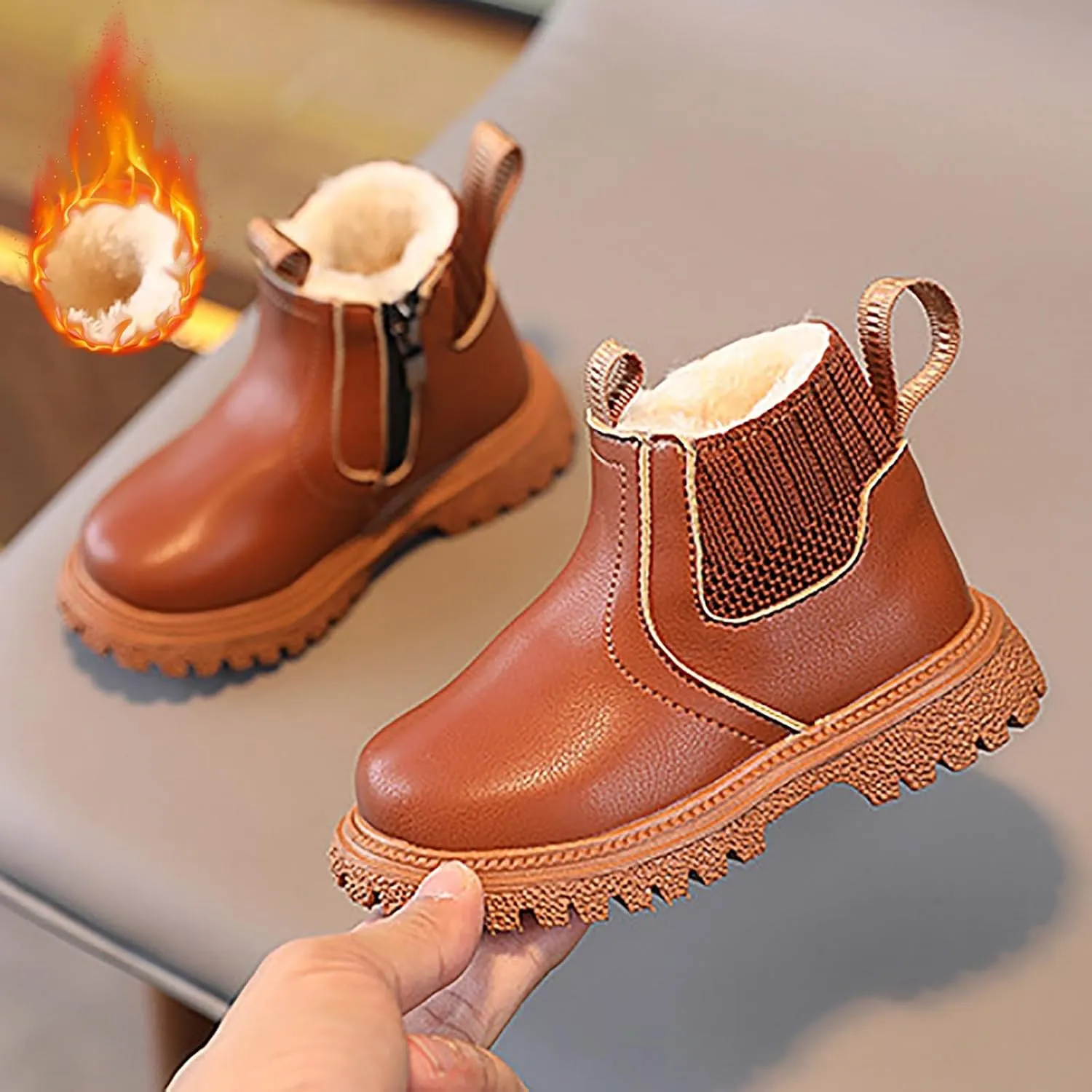 Toddler Unisex Winter Boots Little Boys Girls Fleece Lined Outdoor Snow Shoes Side Zipper Ankle Boots School Shoes
