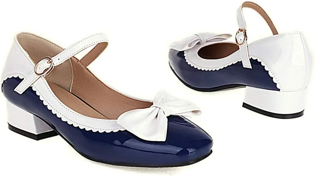 VOKLIN Women's Girls Lolita Mary Jane Flat Shoes Sweet Bow Square Toe Ankle Strap Low Heel Oxford Dress Pumps
