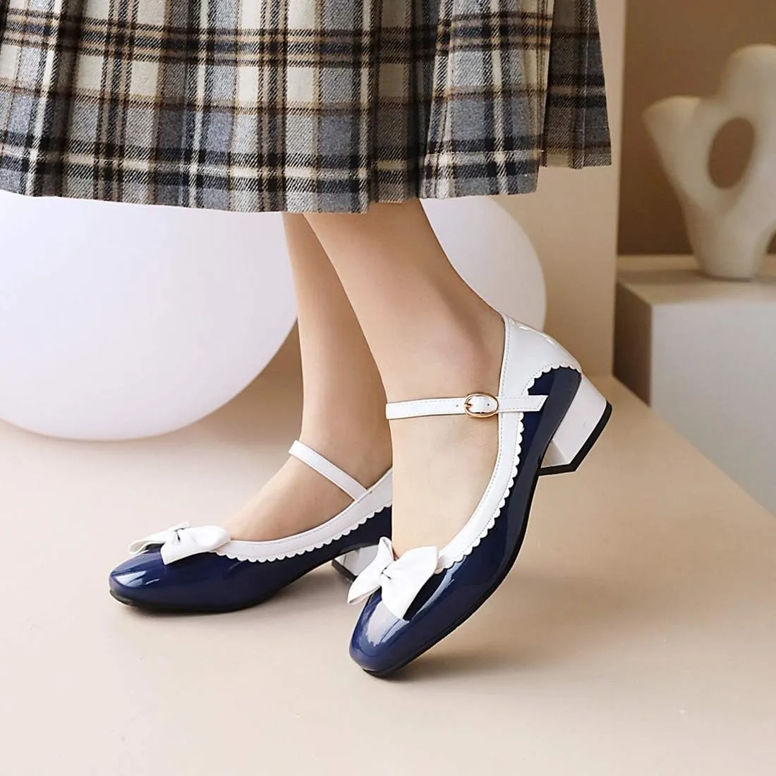 VOKLIN Women's Girls Lolita Mary Jane Flat Shoes Sweet Bow Square Toe Ankle Strap Low Heel Oxford Dress Pumps