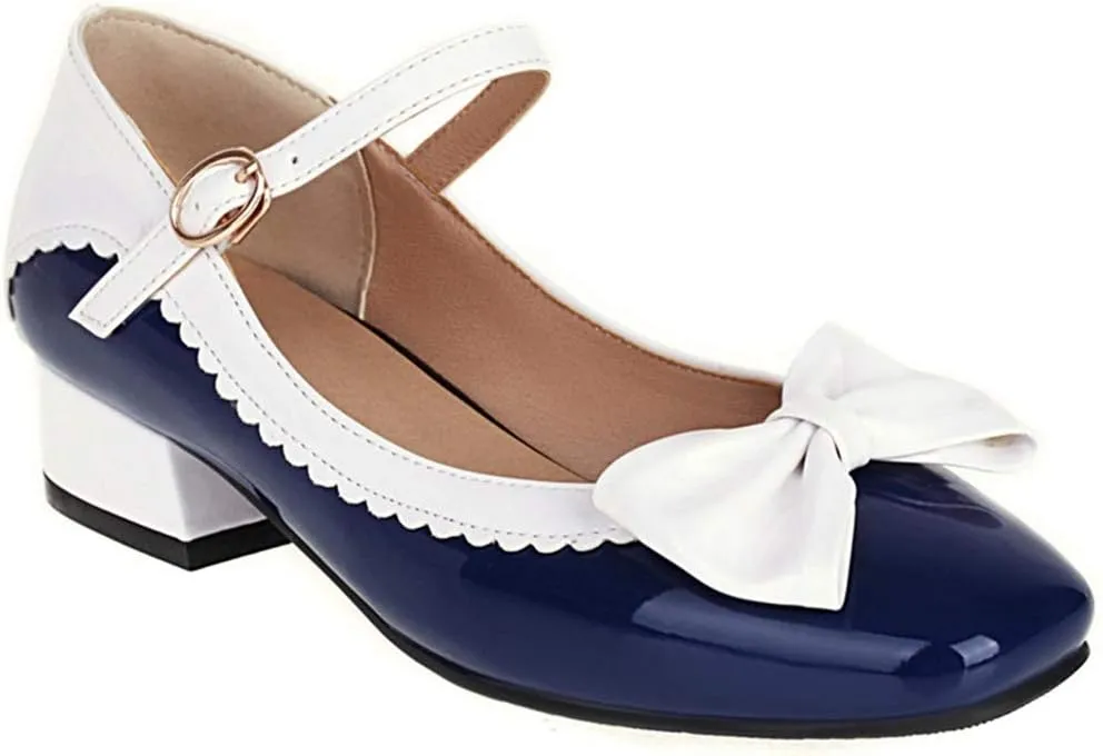 VOKLIN Women's Girls Lolita Mary Jane Flat Shoes Sweet Bow Square Toe Ankle Strap Low Heel Oxford Dress Pumps
