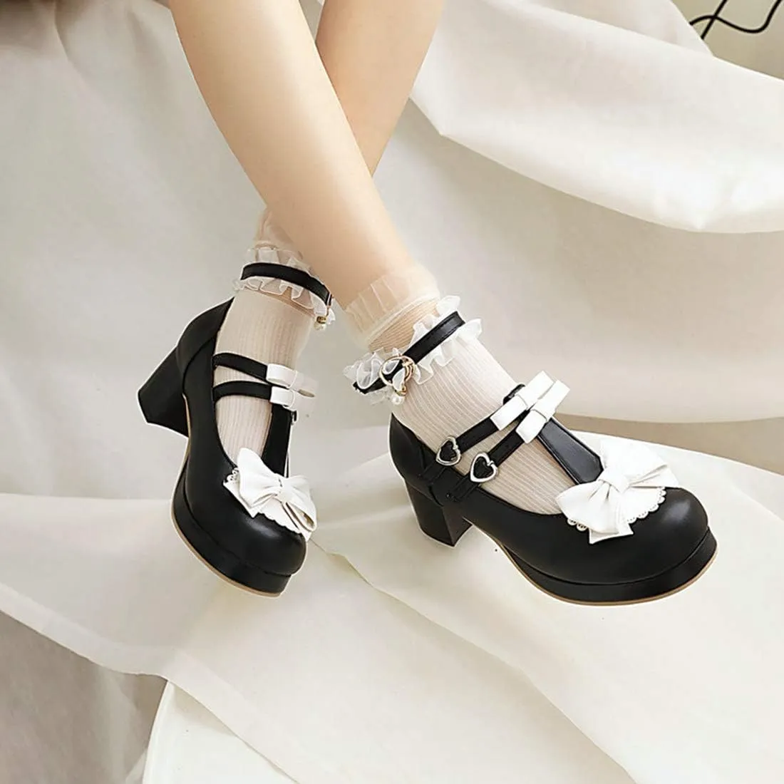 VOKLIN Women's Girls Lolita Mary Jane Pumps Sweet Bow Cross Ankle Strap Mid Heel Cosplay Oxford Dress Shoes