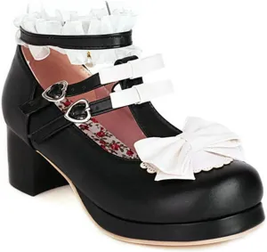 VOKLIN Women's Girls Lolita Mary Jane Pumps Sweet Bow Cross Ankle Strap Mid Heel Cosplay Oxford Dress Shoes
