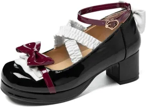 VOKLIN Women's Girls Lolita Mary Jane Pumps Sweet Bow Cross Ankle Strap Mid Heels Princess Oxford Dress Shoes