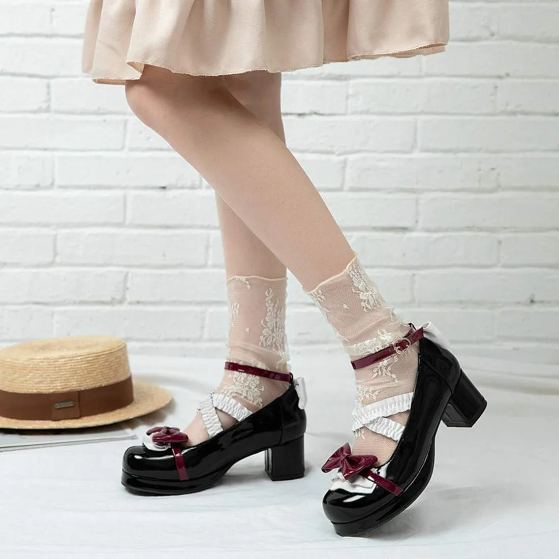VOKLIN Women's Girls Lolita Mary Jane Pumps Sweet Bow Cross Ankle Strap Mid Heels Princess Oxford Dress Shoes