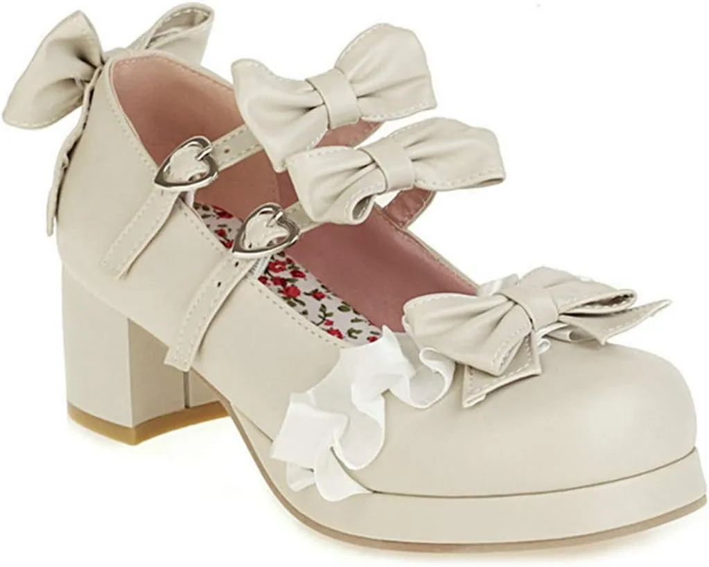 VOKLIN Women's Girls Lolita Mary Jane Pumps Sweet Bow Lace Ankle Strap Mid Heels Cosplay Oxford Dress Shoes