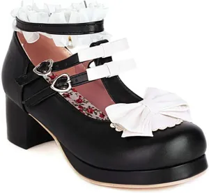 VOKLIN Women's Girls Lolita Mary Jane Shoes Sweet Bow Lace Ankle Strap Mid Heel Cosplay Oxford Dress Pumps