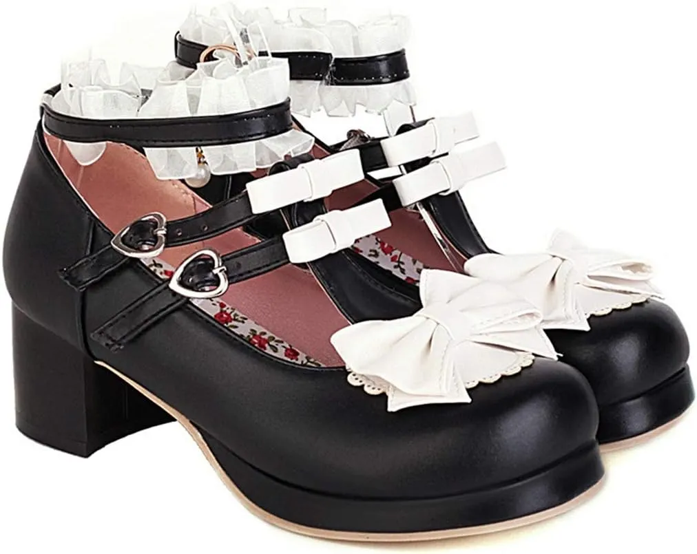 VOKLIN Women's Girls Lolita Mary Jane Shoes Sweet Bow Lace Ankle Strap Mid Heel Cosplay Oxford Dress Pumps