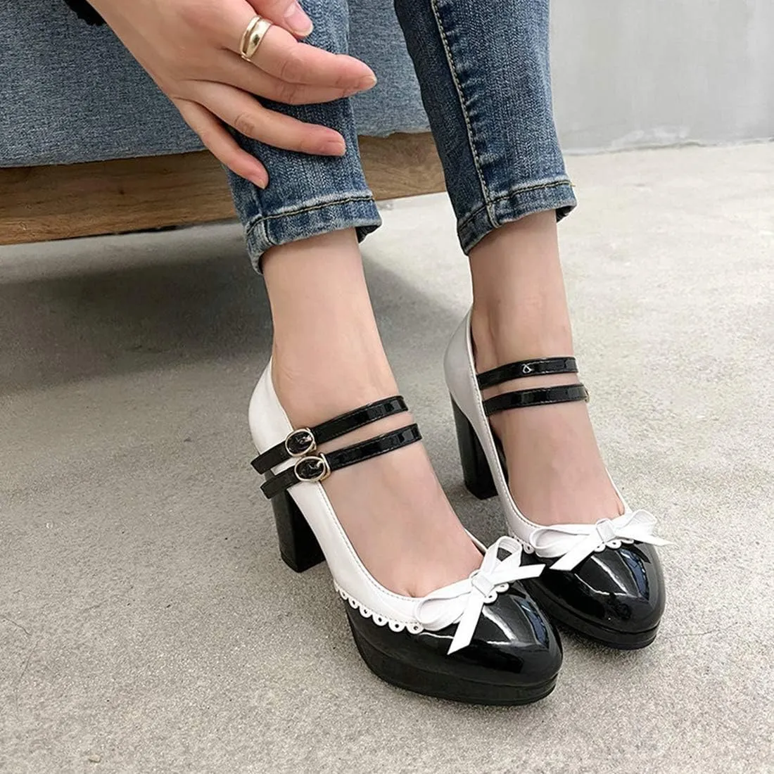 VOKLIN Women's Girls Lolita Platform Mary Jane Pumps Sweet Bow Ankle Strap Block High Heel Oxford Dress Shoes