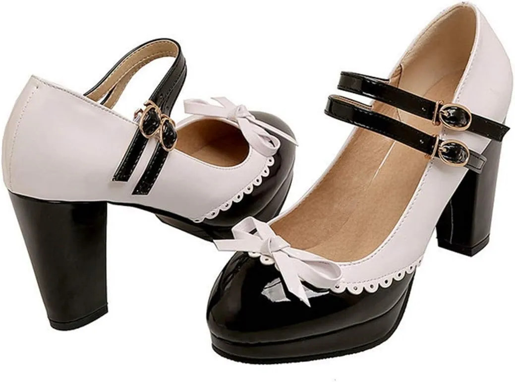 VOKLIN Women's Girls Lolita Platform Mary Jane Pumps Sweet Bow Ankle Strap Block High Heel Oxford Dress Shoes