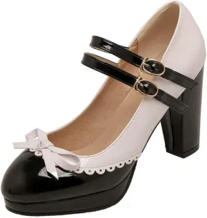 VOKLIN Women's Girls Lolita Platform Mary Jane Pumps Sweet Bow Ankle Strap Block High Heel Oxford Dress Shoes