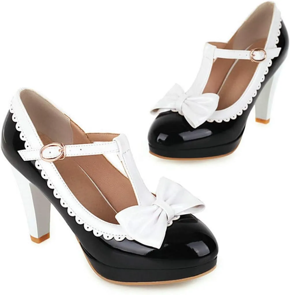 VOKLIN Women's Girls Lolita Platform T-Strap Mary Jane Pumps Ankle Strap High Heels Bow Oxford Dress Shoes