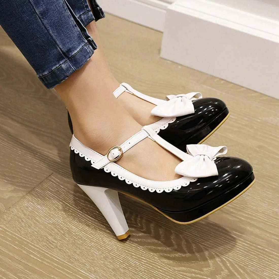 VOKLIN Women's Girls Lolita Platform T-Strap Mary Jane Pumps Ankle Strap High Heels Bow Oxford Dress Shoes
