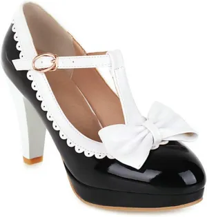VOKLIN Women's Girls Lolita Platform T-Strap Mary Jane Pumps Ankle Strap High Heels Bow Oxford Dress Shoes