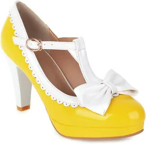 VOKLIN Women's Girls Lolita Platform T-Strap Mary Jane Pumps Ankle Strap High Heels Bow Oxford Dress Shoes