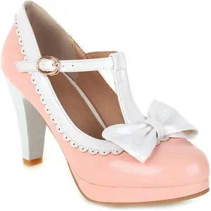 VOKLIN Women's Girls Lolita Platform T-Strap Mary Jane Pumps Ankle Strap High Heels Bow Oxford Dress Shoes