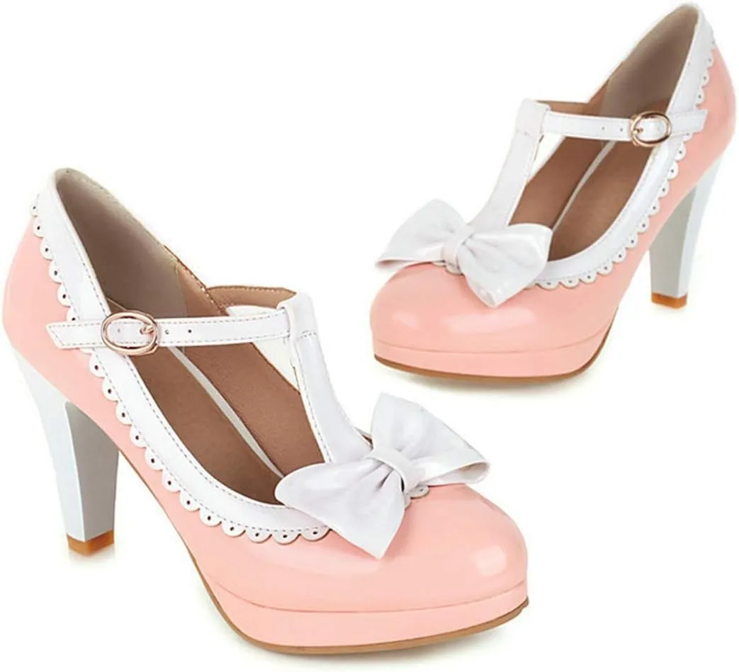 VOKLIN Women's Girls Lolita Platform T-Strap Mary Jane Pumps Ankle Strap High Heels Bow Oxford Dress Shoes