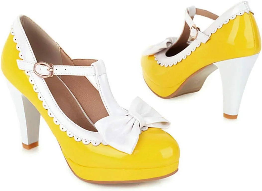 VOKLIN Women's Girls Lolita Platform T-Strap Mary Jane Pumps Ankle Strap High Heels Bow Oxford Dress Shoes