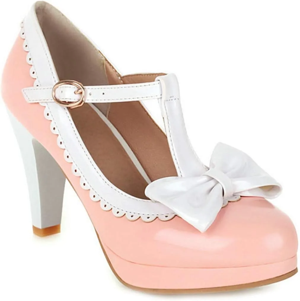 VOKLIN Women's Girls Lolita Platform T-Strap Mary Jane Pumps Ankle Strap High Heels Bow Oxford Dress Shoes