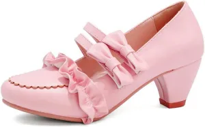 VOKLIN Women's Girls Lolita Round Toe Sweet Bow Mary Jane Pumps Ankle Strap Block Mid Heel Oxford Dress Shoes