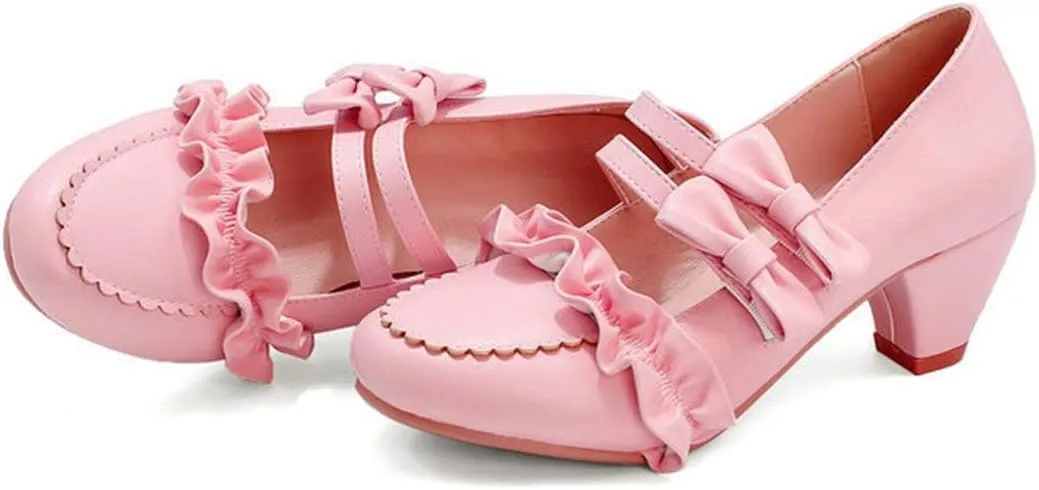 VOKLIN Women's Girls Lolita Round Toe Sweet Bow Mary Jane Pumps Ankle Strap Block Mid Heel Oxford Dress Shoes