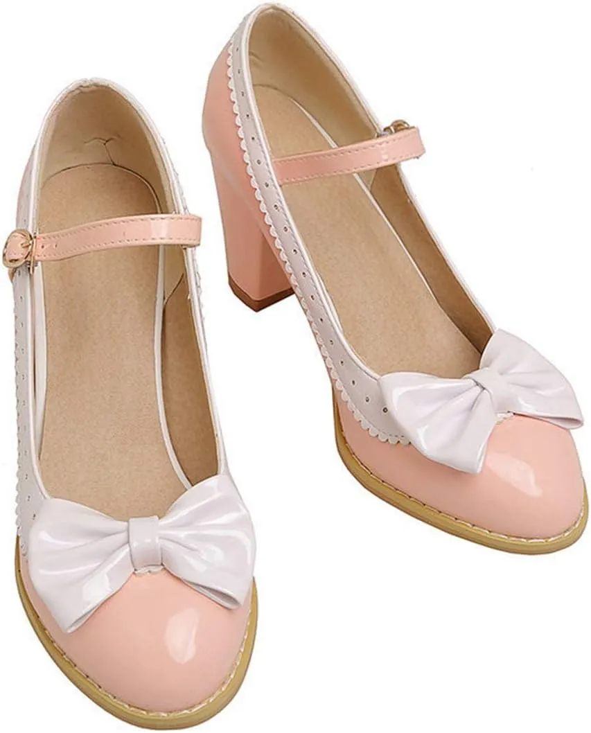 VOKLIN Women's Girls Lolita Sweet Bow Mary Jane Pumps Ankle Strap Platform Block High Heel Oxford Dress Shoes
