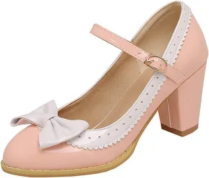 VOKLIN Women's Girls Lolita Sweet Bow Mary Jane Pumps Ankle Strap Platform Block High Heel Oxford Dress Shoes