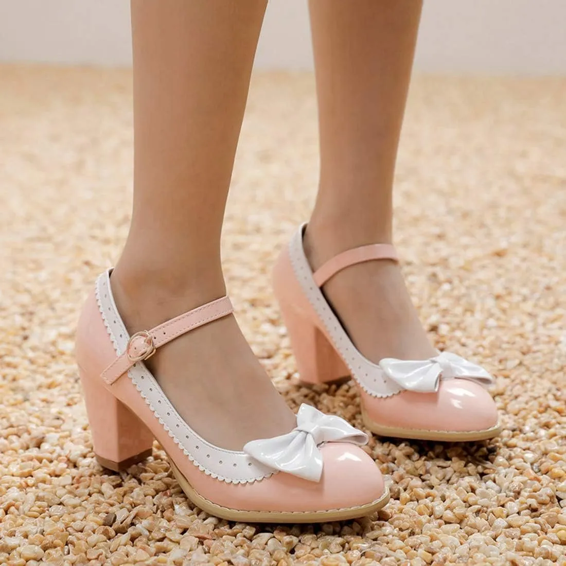 VOKLIN Women's Girls Lolita Sweet Bow Mary Jane Pumps Ankle Strap Platform Block High Heel Oxford Dress Shoes