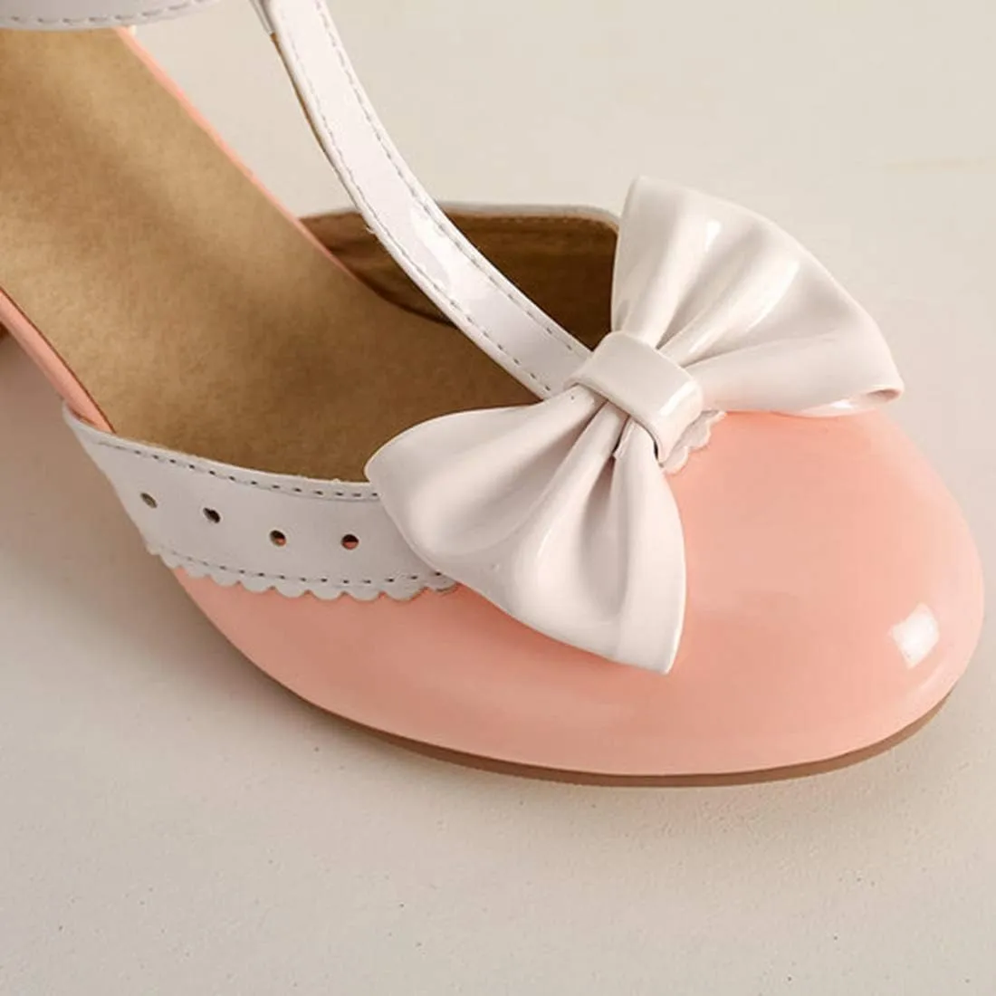 VOKLIN Women's Girls Lolita T-Strap Mary Jane Pumps with Bow Ankle Strap Block High Heels Oxford Dress Shoes