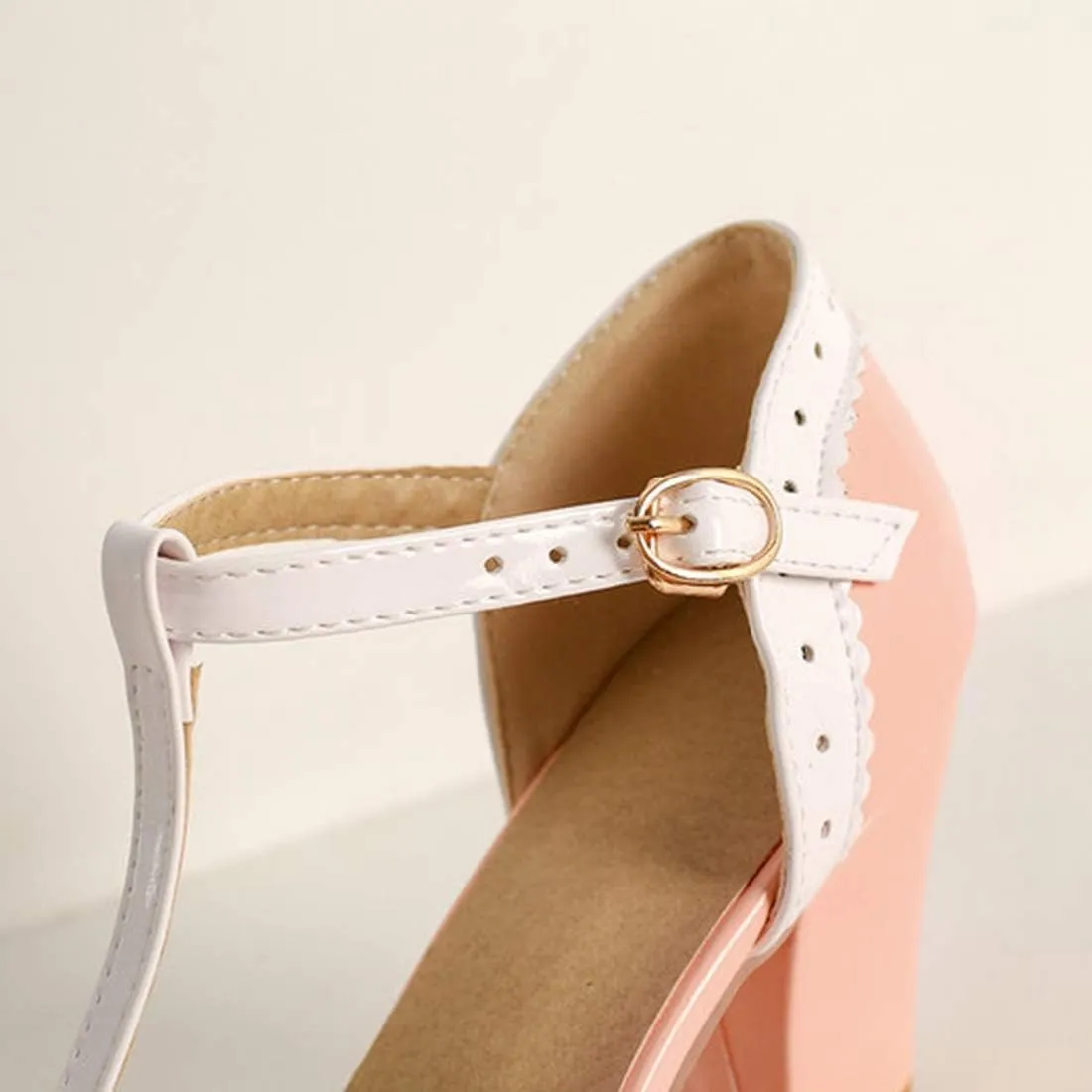 VOKLIN Women's Girls Lolita T-Strap Mary Jane Pumps with Bow Ankle Strap Block High Heels Oxford Dress Shoes
