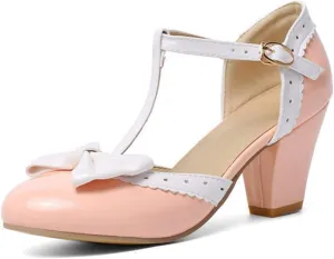 VOKLIN Women's Girls Lolita T-Strap Mary Jane Pumps with Bow Ankle Strap Block High Heels Oxford Dress Shoes