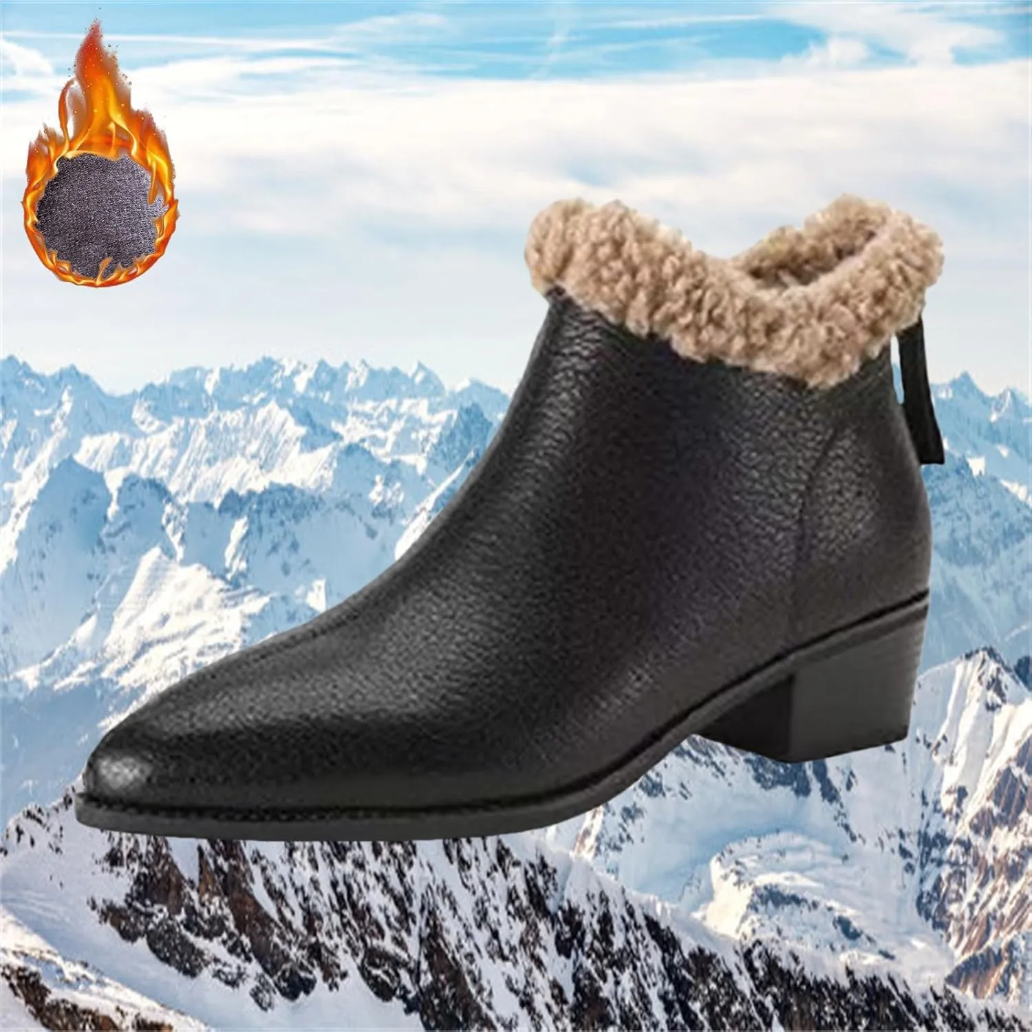 Winter Ankle Bootie for Womens High Chunky Heels Ladies Waterproof Cozy Pointed Toe Western Short Boots