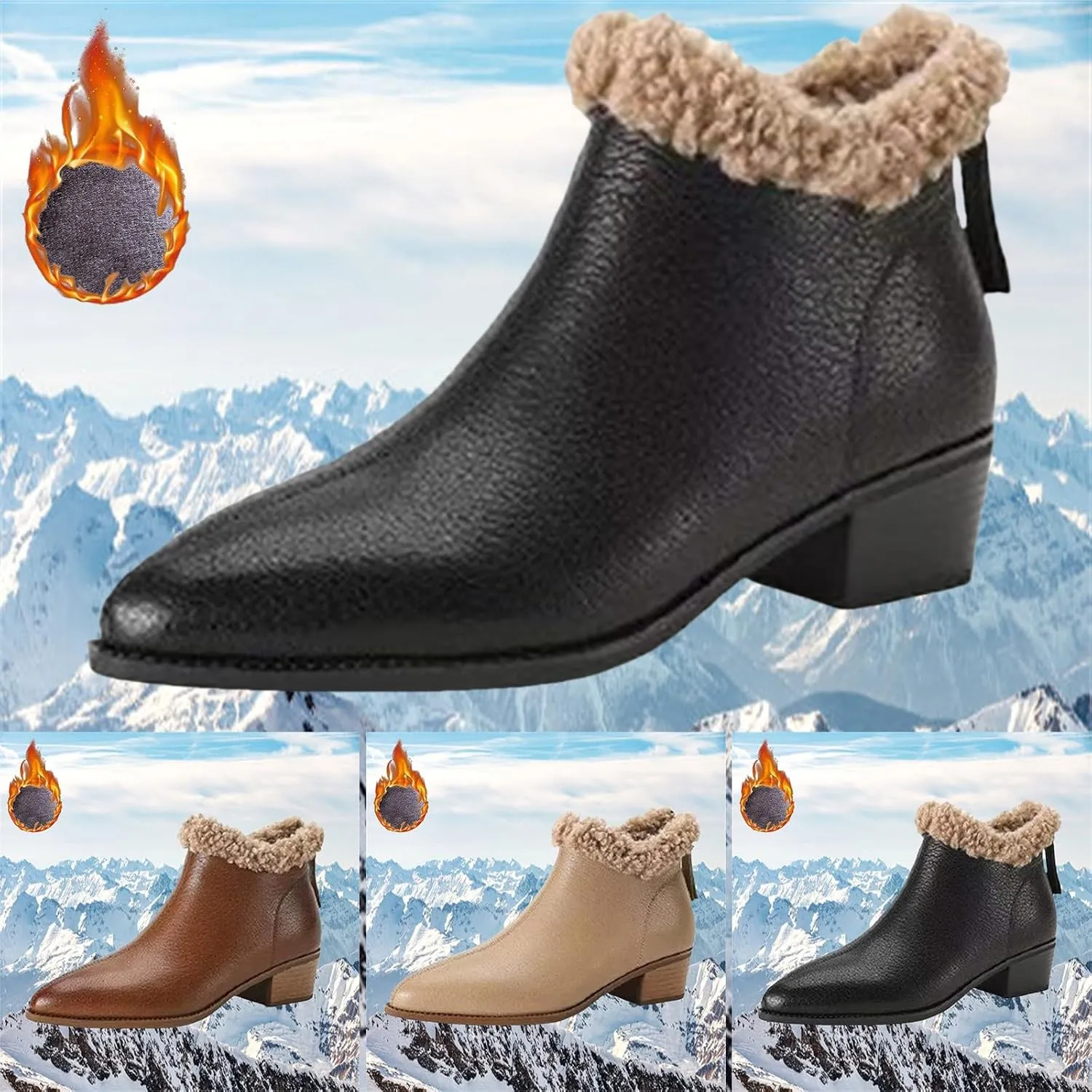 Winter Ankle Bootie for Womens High Chunky Heels Ladies Waterproof Cozy Pointed Toe Western Short Boots