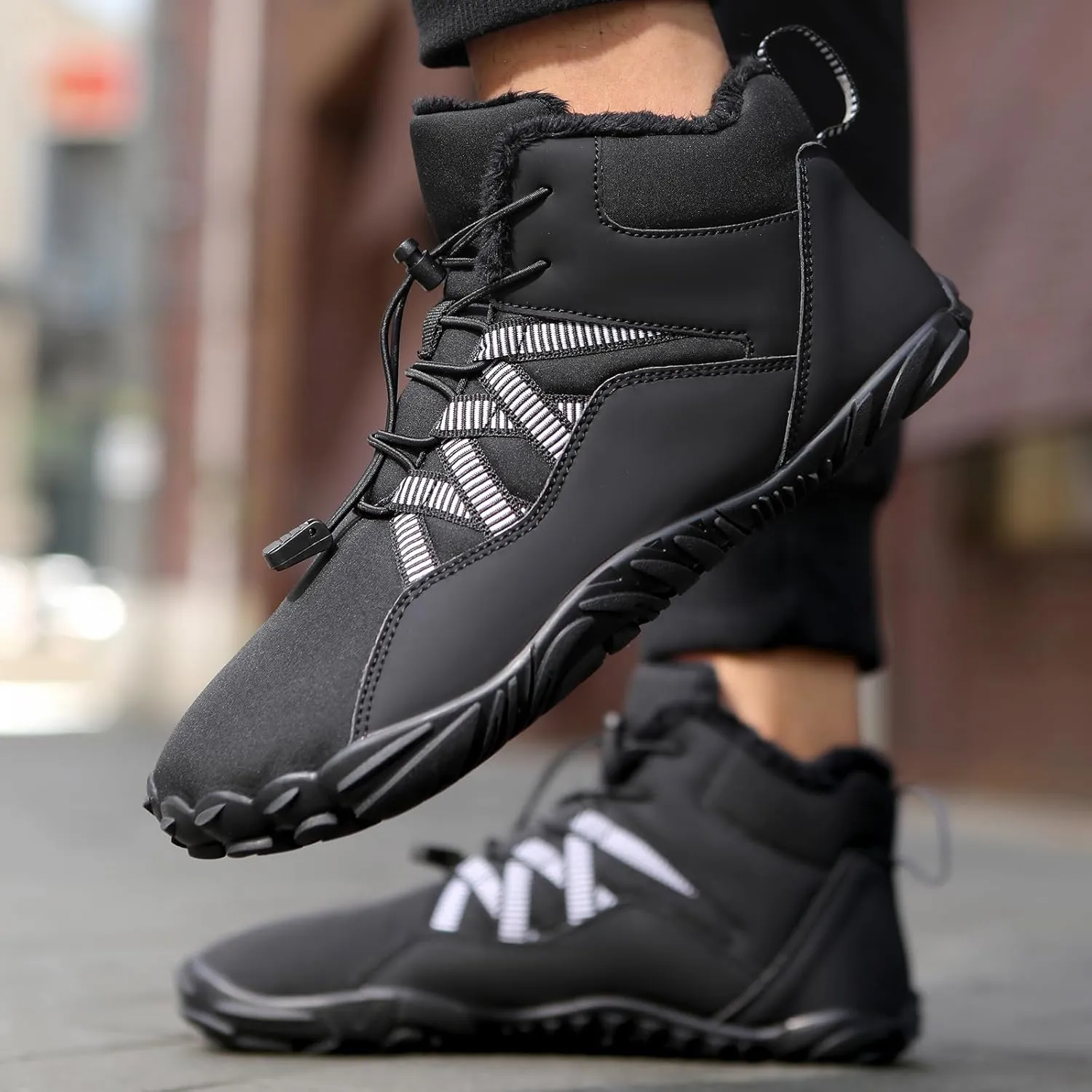 Winter Snow Ankle Boots Waterproof Warm Fur Lined Hiking Boot Zero Drop Sole Slip On Barefoot Shoes