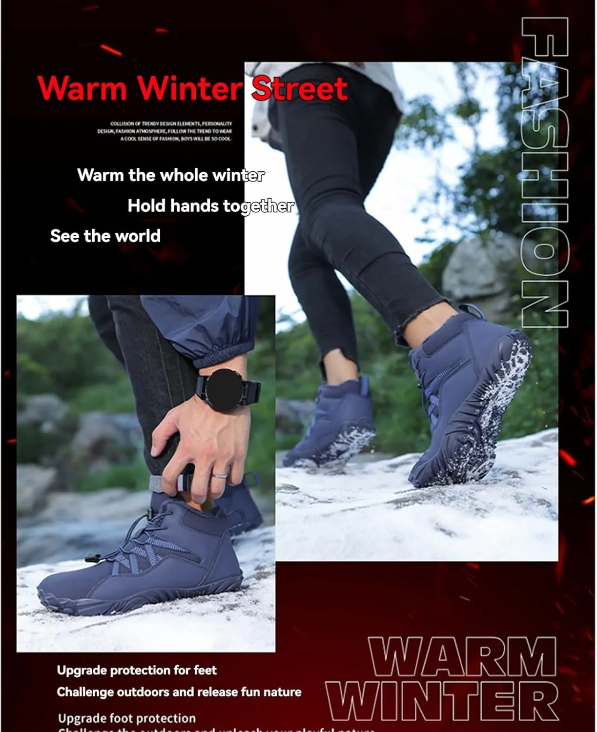 Winter Snow Ankle Boots Waterproof Warm Fur Lined Hiking Boot Zero Drop Sole Slip On Barefoot Shoes