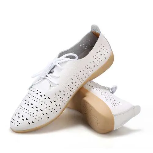 Women Hollow Out Casual Shoes Leather Soft Comfortable Lace Up Flat Loafers
