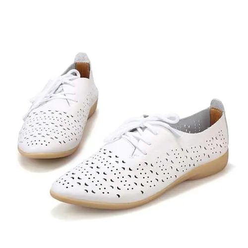 Women Hollow Out Casual Shoes Leather Soft Comfortable Lace Up Flat Loafers