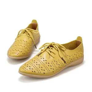 Women Hollow Out Casual Shoes Leather Soft Comfortable Lace Up Flat Loafers