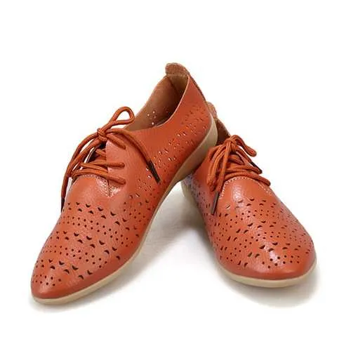 Women Hollow Out Casual Shoes Leather Soft Comfortable Lace Up Flat Loafers