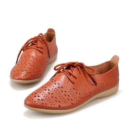 Women Hollow Out Casual Shoes Leather Soft Comfortable Lace Up Flat Loafers