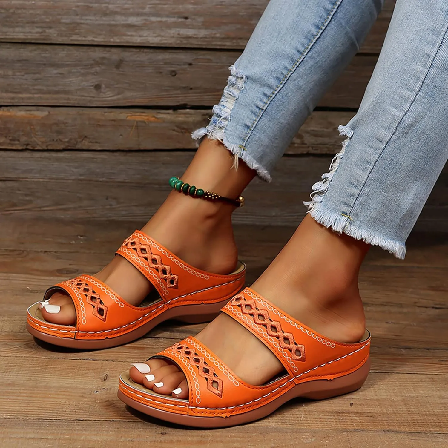 Women Summer Solid Color Slip On Casual Open Toe Wedges Soft Bottom Breathable Slip on Heels Sandals for Women