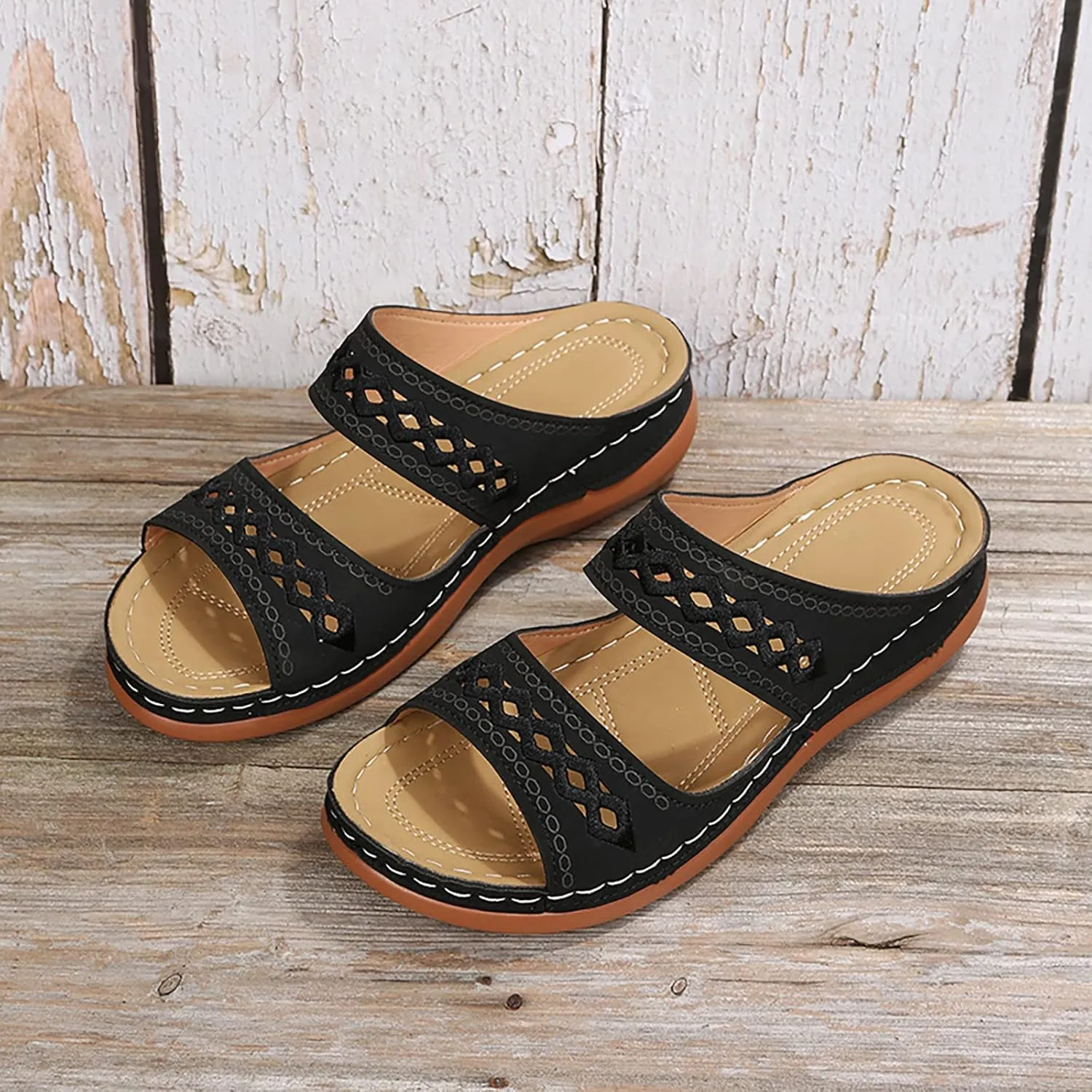 Women Summer Solid Color Slip On Casual Open Toe Wedges Soft Bottom Breathable Slip on Heels Sandals for Women