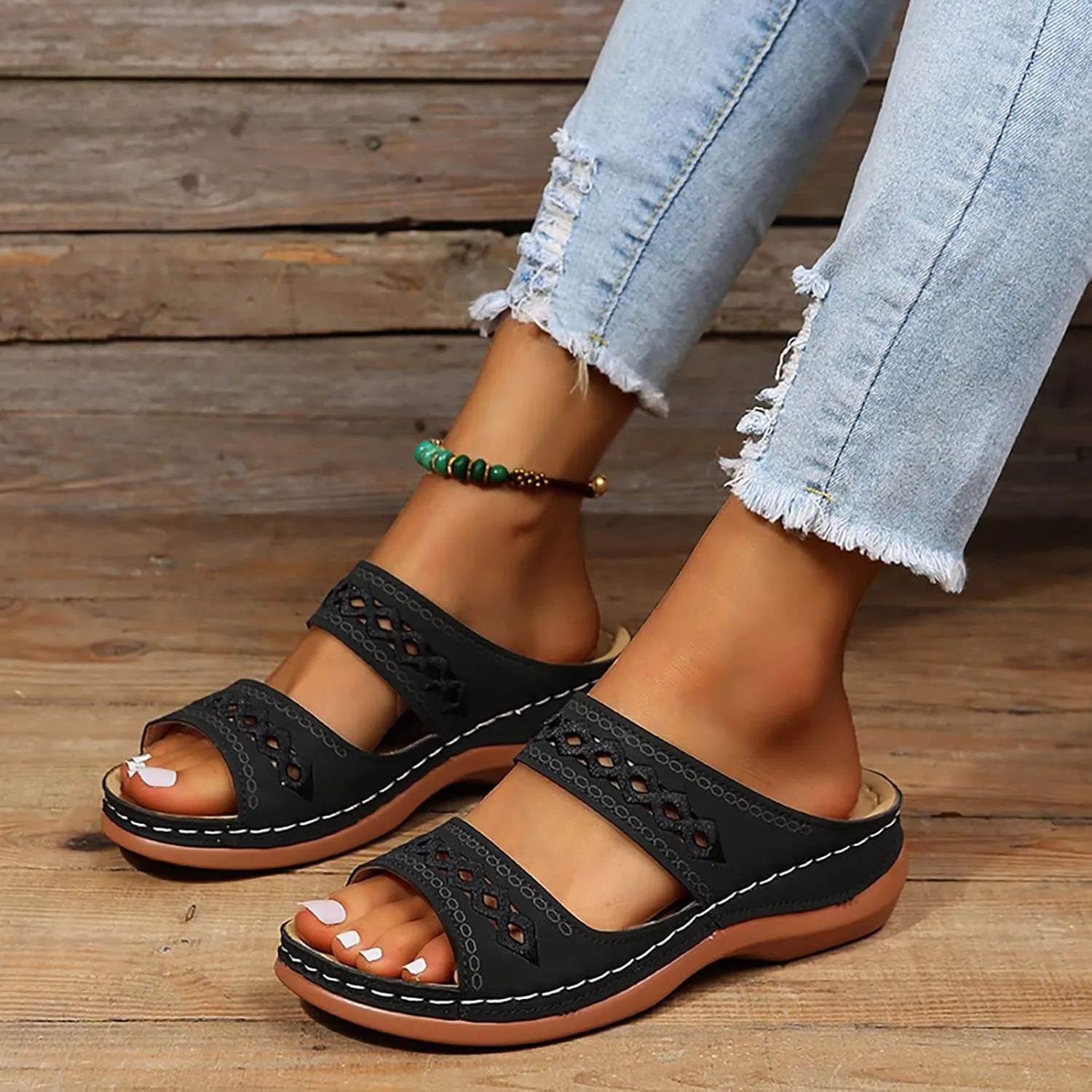 Women Summer Solid Color Slip On Casual Open Toe Wedges Soft Bottom Breathable Slip on Heels Sandals for Women
