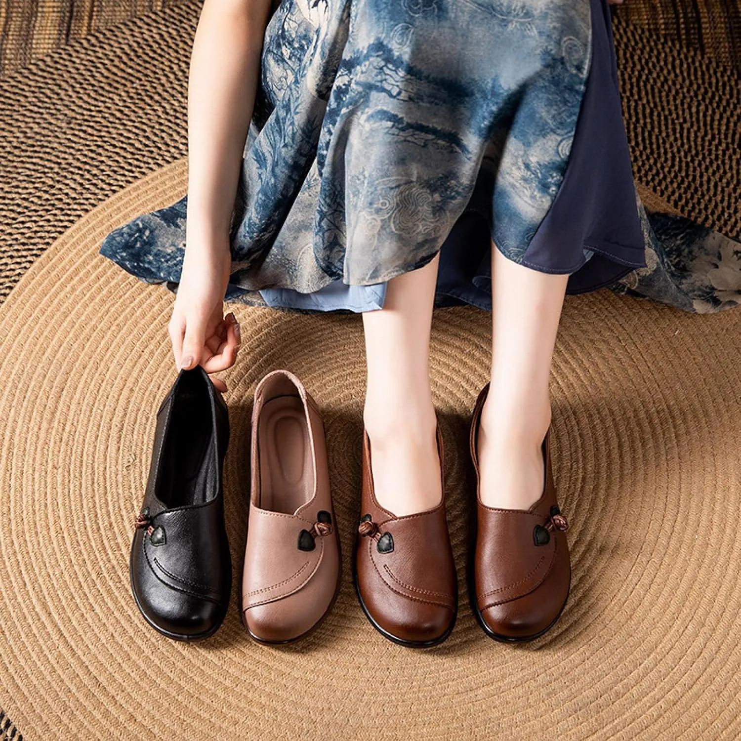 Women's Casual Skates, Comfortable Walking Flats, Leather Driving Shoes